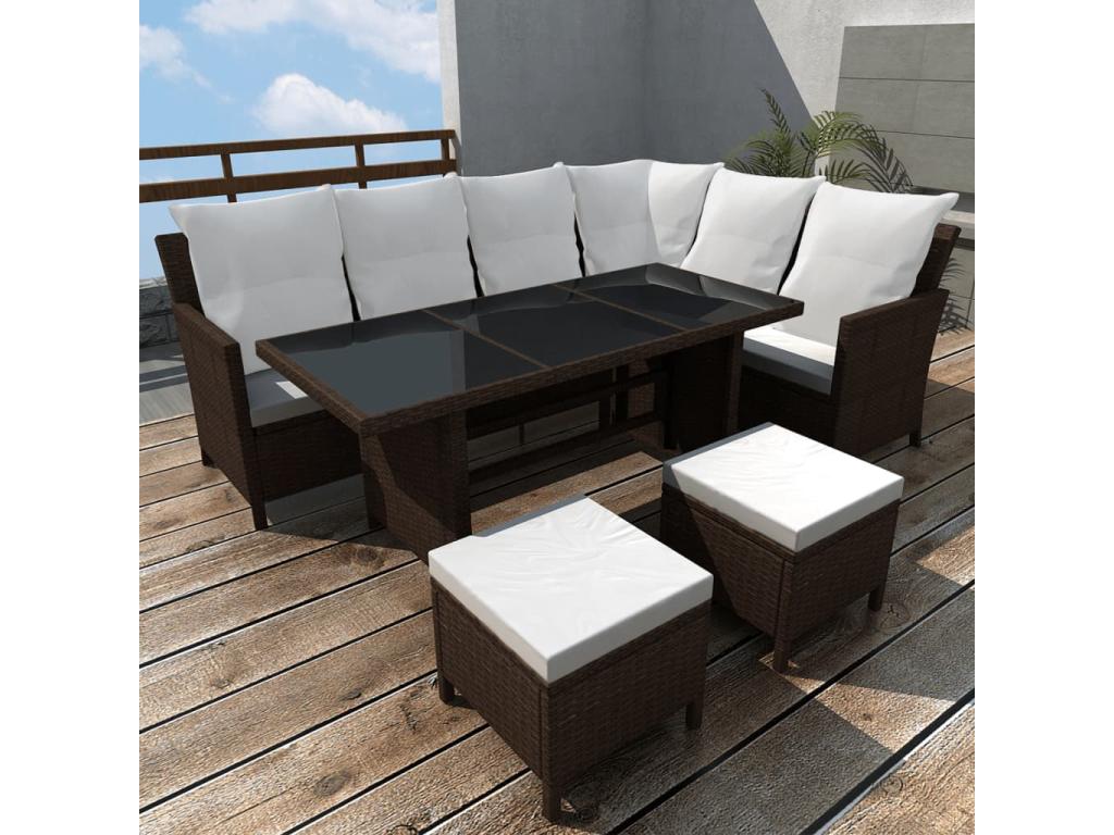 4-piece garden furniture set with cushions, brown woven resin QQRU13907