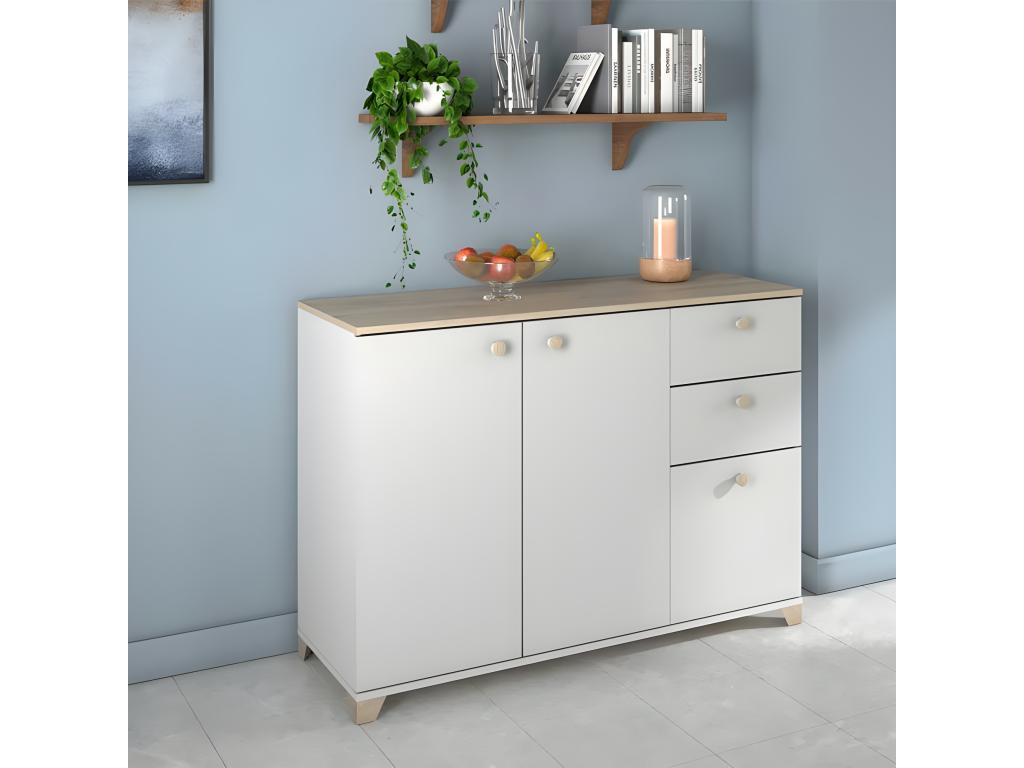 3-door, 2-drawer sideboard, matte white/light oak - Meublori - W 120 x D 42 x H 82 cm