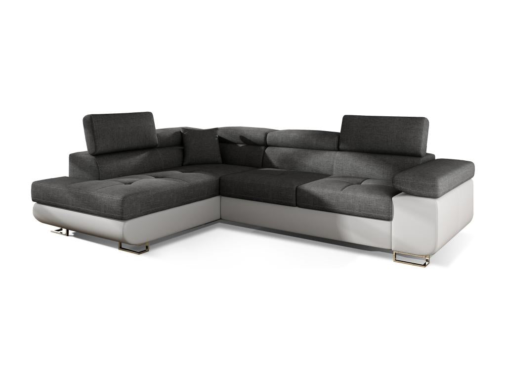 Left-hand corner sofa bed, dark grey fabric and white faux leather, Meublori 275cm