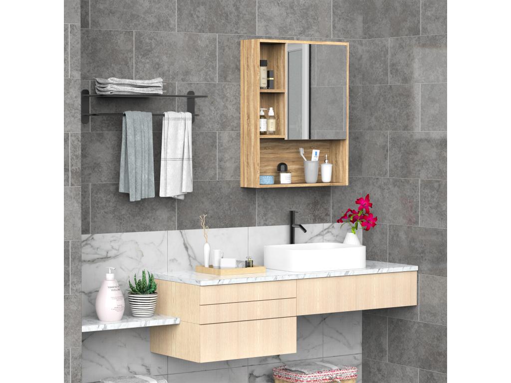 Bathroom wall-mounted storage cabinet with mirrored door, oak wood color, dimensions: 60cm (L) x 15cm (W) x 76cm (H)