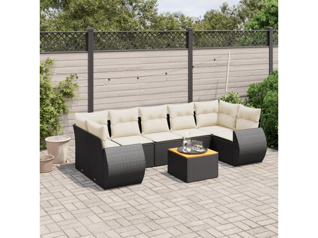 8-piece garden furniture set with cushions, black woven resin