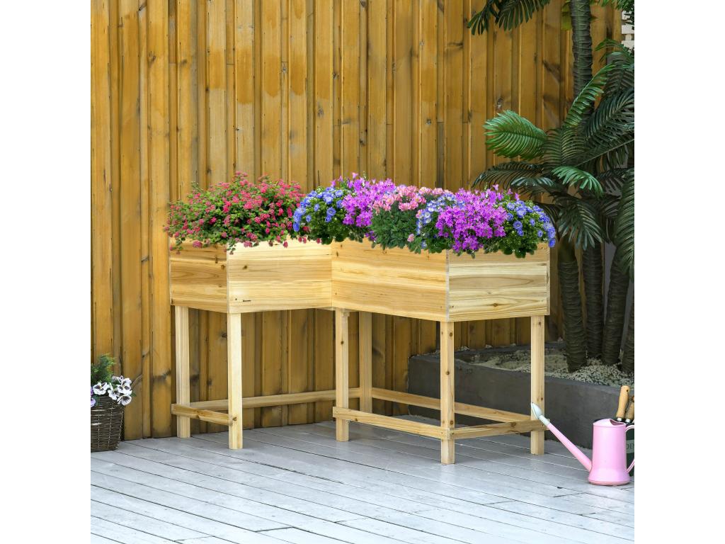 Corner vegetable garden planter on legs, dimensions 121L x 91W x 81H cm, irrigation inserts, drainage felt included, pre-oiled fir wood