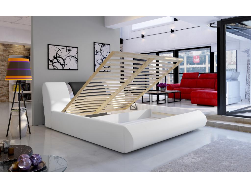 Meublori 180x200 Storage Bed in Black Faux Leather, Yellow Fabric and Chrome Metal