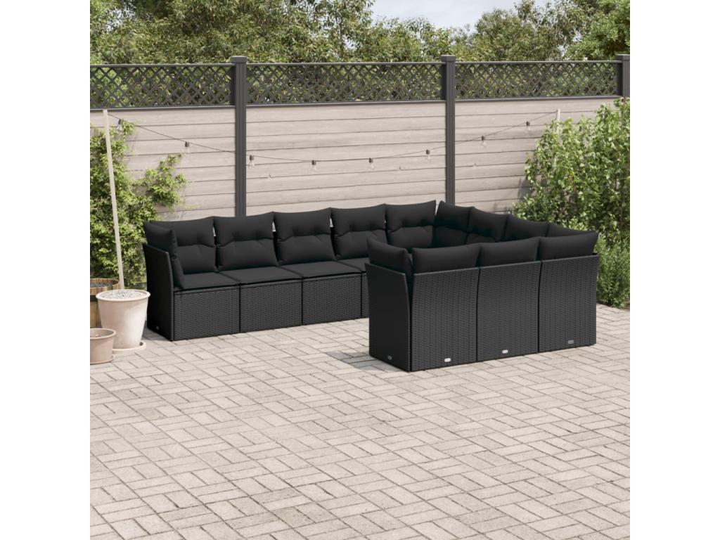 10-piece garden furniture set with cushions, black woven resin