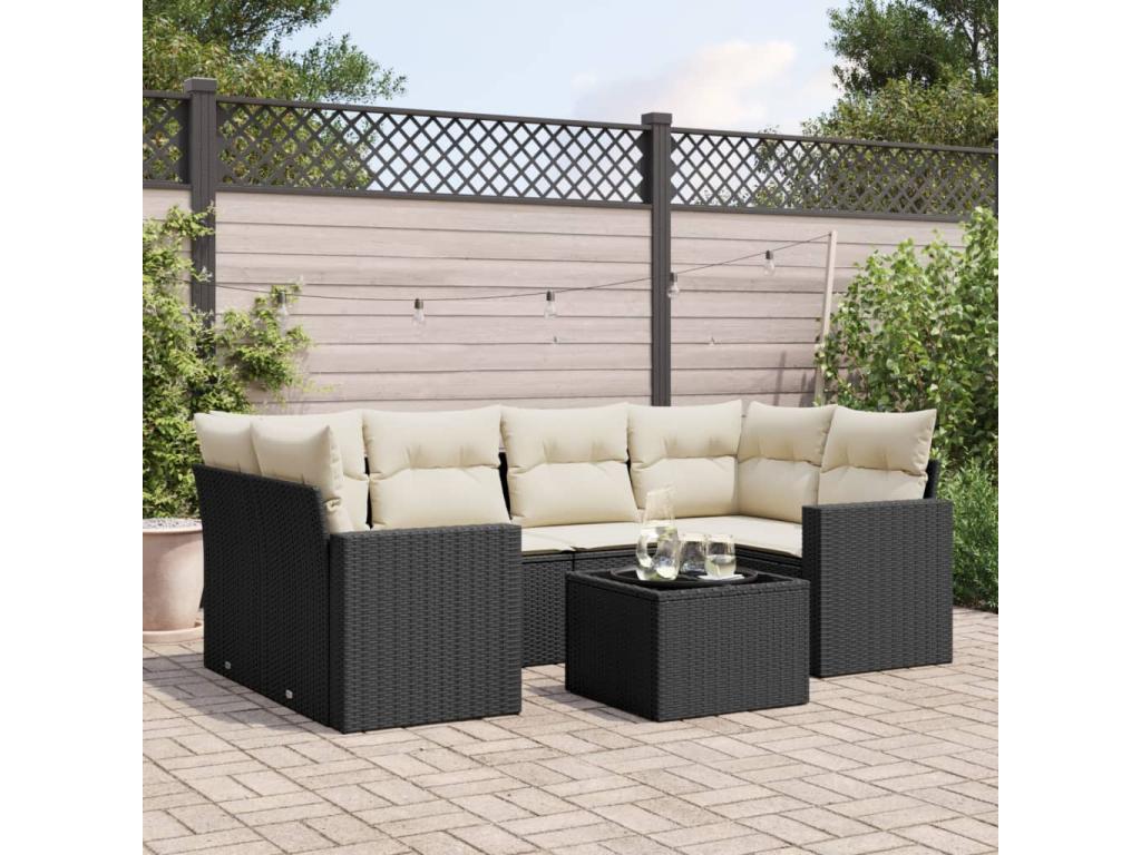 7-piece garden furniture set with cushions, black woven resin