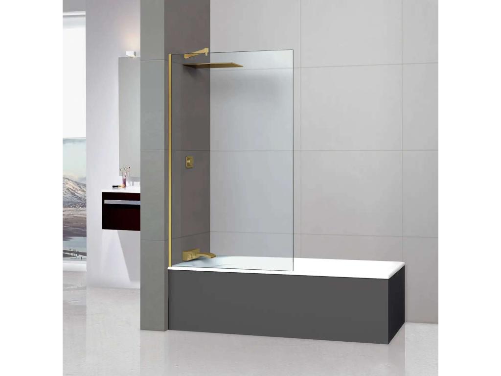 Fixed shower screen in 8mm thick clear safety glass with anti-limescale coating, 110cm wide x 195cm high, brushed gold profile, Meublori Mont Blanc CC