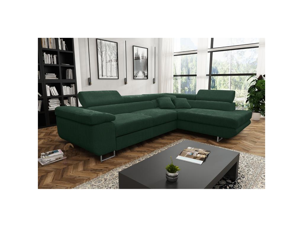 Meublori 4-seater right-hand corner sofa bed with storage, corduroy upholstery, Fir Green