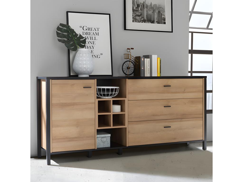 186cm Buffet with 1 Door and 3 Drawers, Oak and Black Wood Finish - MODE RDQY69983