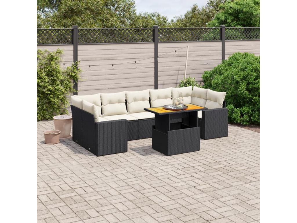 8-piece garden furniture set with cushions, black woven resin WEBR02869