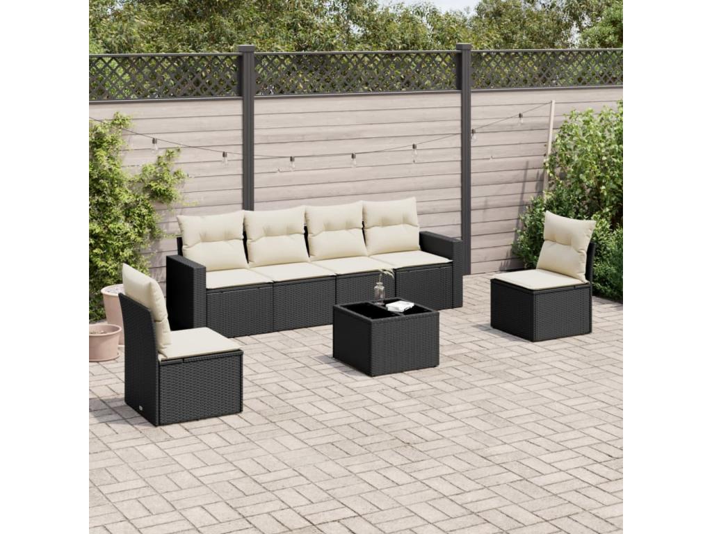 7-piece garden furniture set with cushions, black woven resin