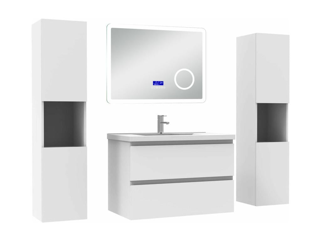 Laviecasa 80cm White Bathroom Vanity Unit with 2 Single Sink Columns and Dimmable LED Mirror with 3 Colors, Bluetooth, and 3X Magnification. FFXT74189