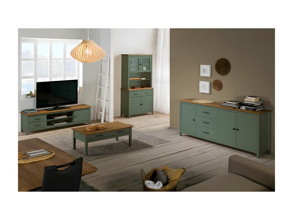 Meublori - TV Stand with 1 Door and 2 Drawers, Waxed Wood and Green