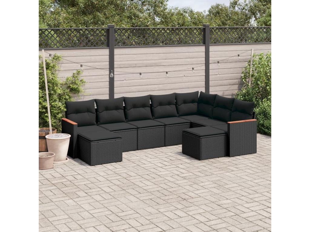 9-piece garden furniture set with cushions, black woven resin RUSL08102
