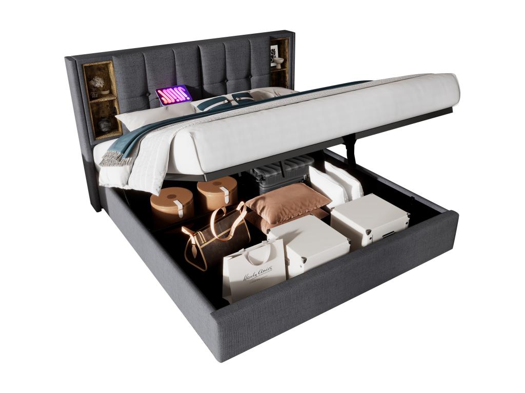 Upholstered storage bed 180x200 cm - with wireless charging and storage headboard - cotton fabric - Grey