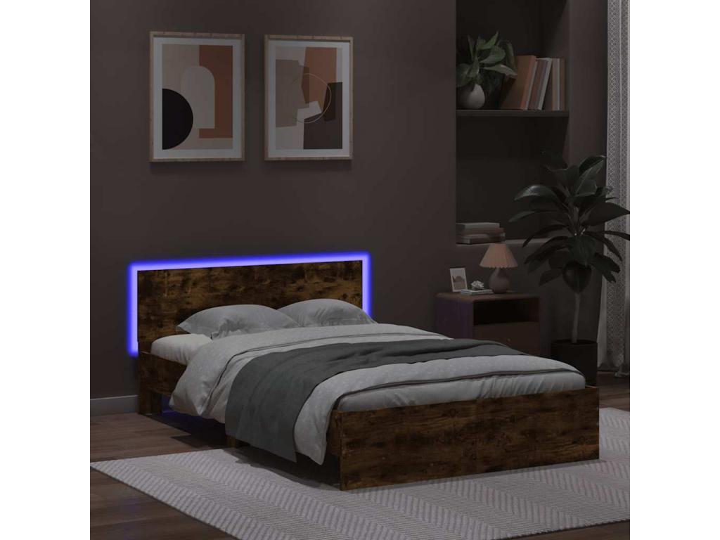 Bed frame with headboard and LED lighting, smoked oak, 120x200 cm