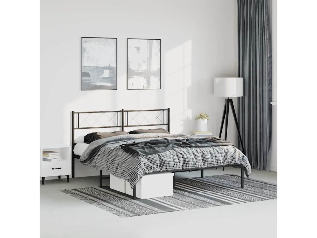 Metal bed frame without mattress, with black headboard, 150x200cm