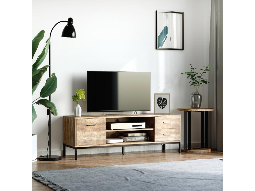 Industrial design TV stand/bench - door, 2 drawers, 2 shelves - black steel legs - mango wood effect NWHO84664