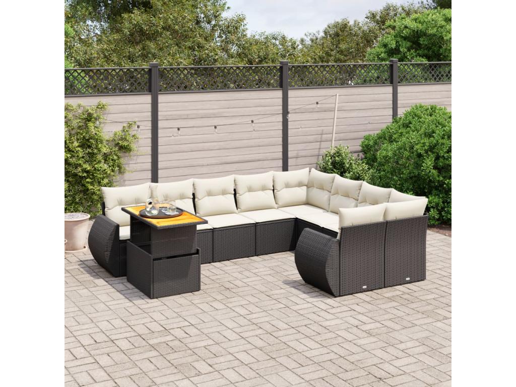 10-piece garden furniture set with cushions, black woven resin KRNV13824