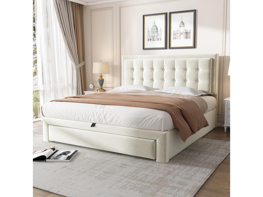140x190 cm storage bed with 2 drawers and headboard - Velvet - Beige color XVGW62604