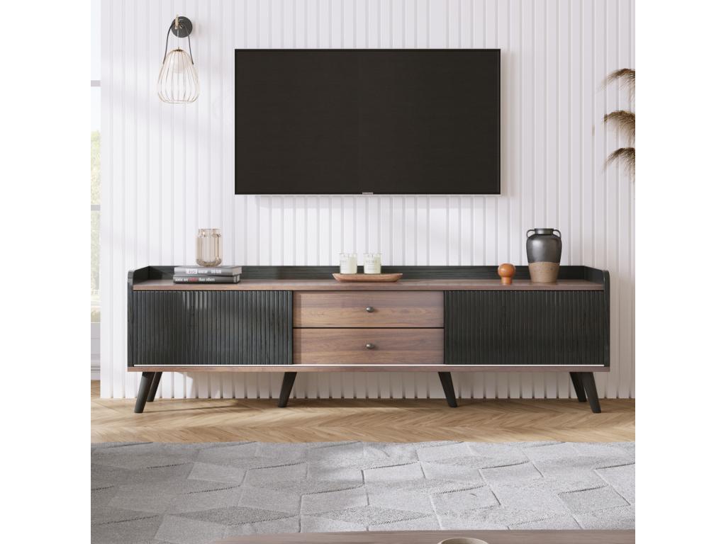TV stand with two drawers, TV table, TV cabinet, low TV unit with two sliding doors - Exquisite texture - Black and natural wood color.