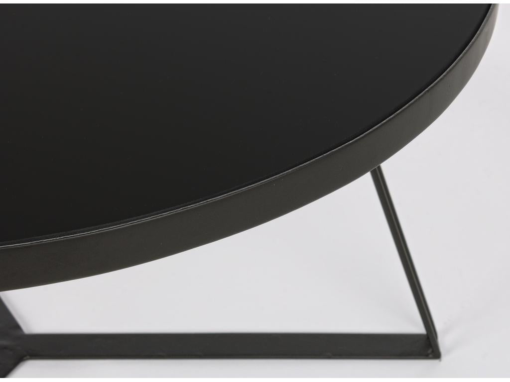 Meublori round glass coffee table with black steel legs, 70cm long