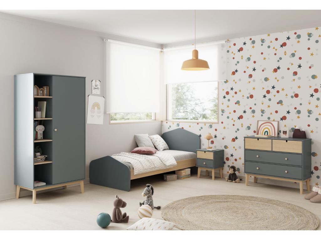 Bedside table/nightstand in waxed pine and MDF, khaki green and white - Length 40 x Depth 35 x Height 52 cm IMVJ74338