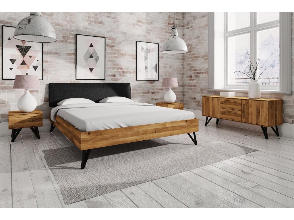 Meublori - Bed with upholstered headboard 140x200 in natural oiled wild oak