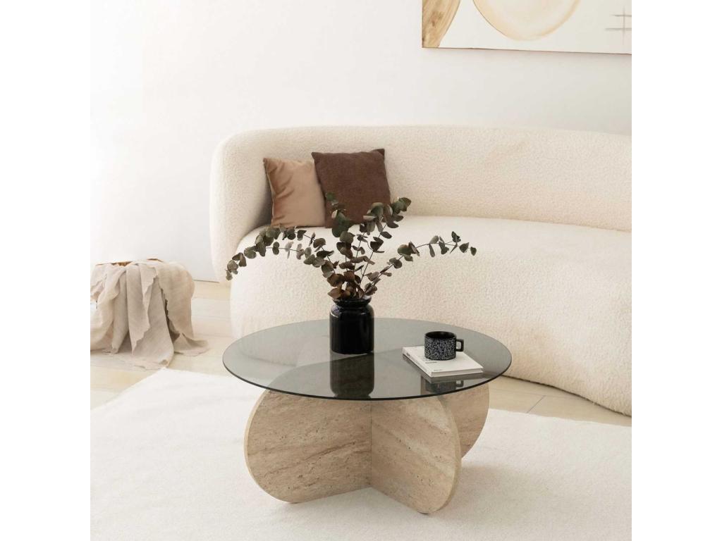 Laviecasa round designer coffee table D75cm Smoked Grey Glass and Beige Travertine Effect ZBPX98490