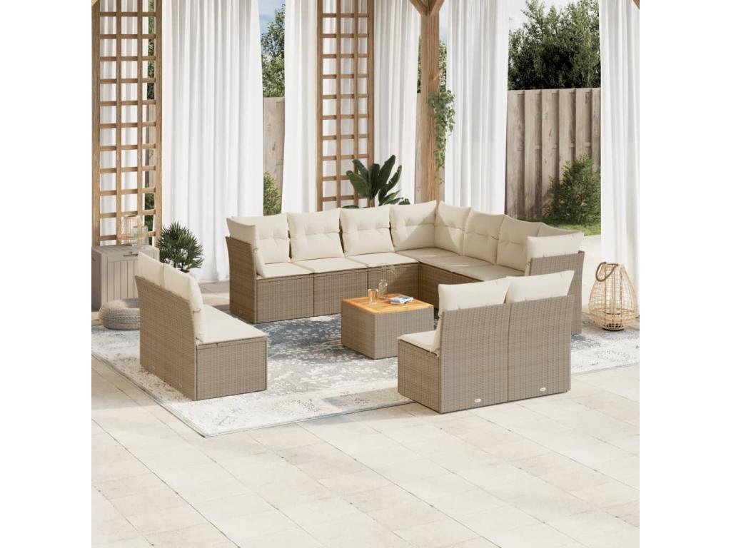 12-piece garden furniture set with cushions, beige woven resin OHLS84059