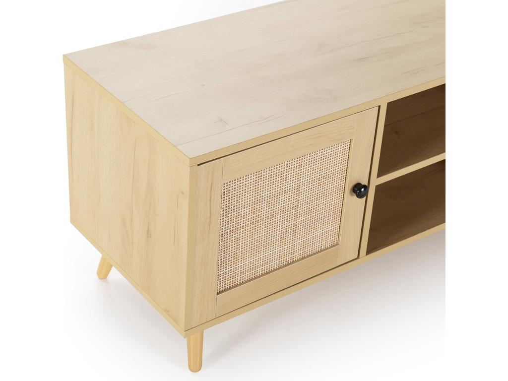Meublori 2-Door TV Stand in Oak Finish with Natural Rattan