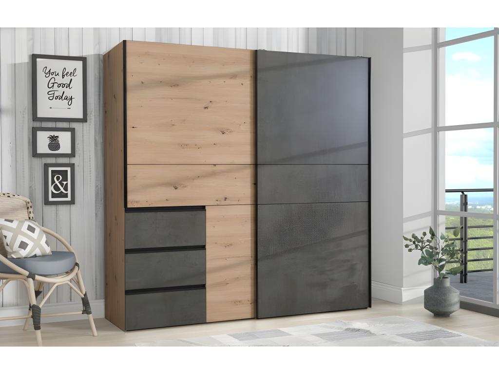 200cm wardrobe with 2 sliding doors and 3 drawers, wood-effect concrete finish - Laviecasa OCUI67207