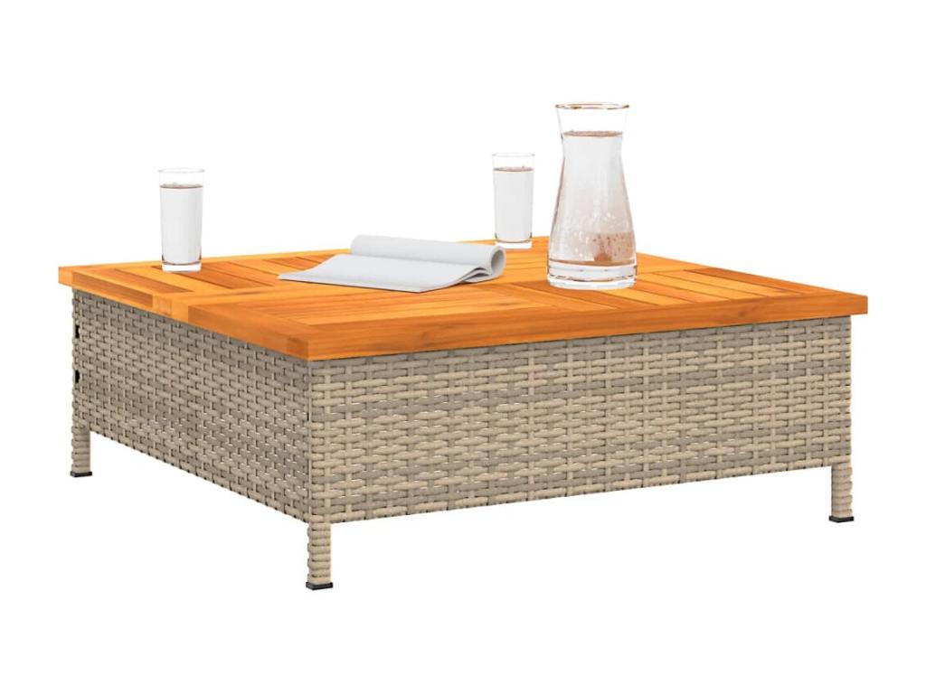 Beige garden table 70x70x25 cm, woven resin and wood, Meublori