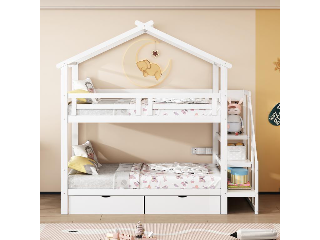 Bunk bed 90x200cm children's cabin bed in solid wood with slatted base, Meublori 2 drawers, storage ladder, white
