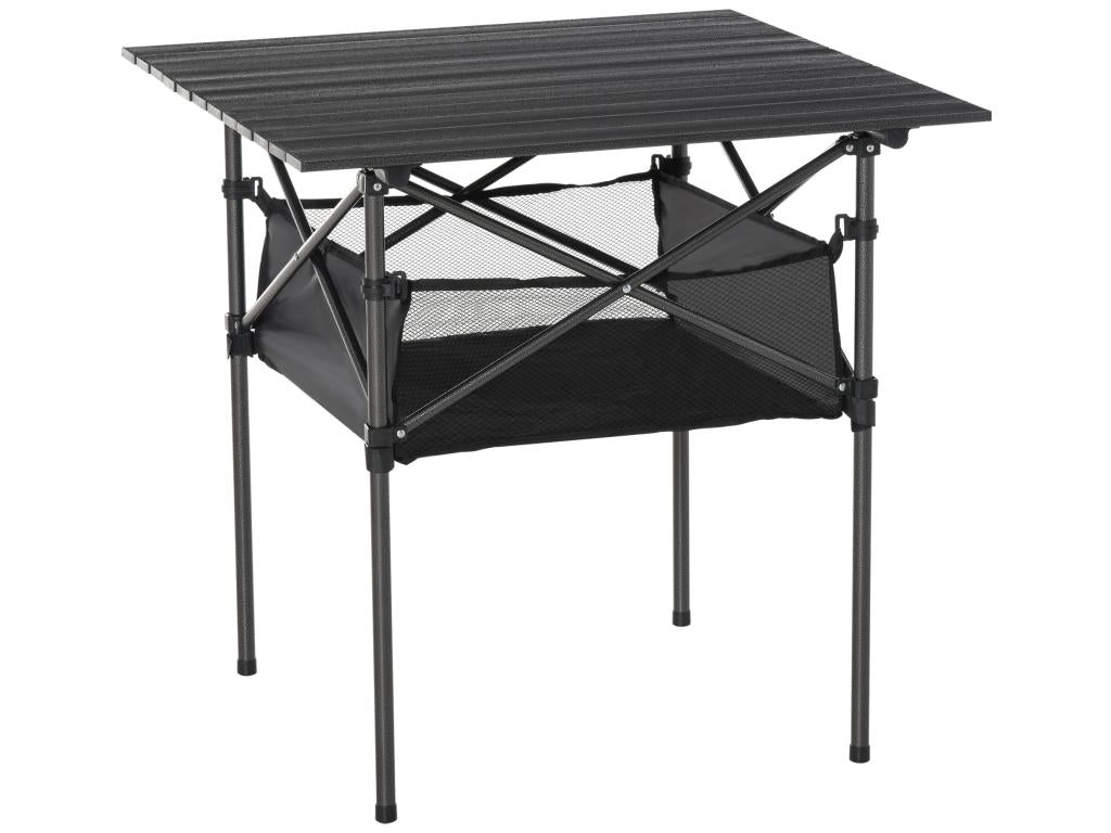 Folding table, camping table, garden table, storage net, carrying bag, aluminum tabletop - black epoxy-coated metal frame