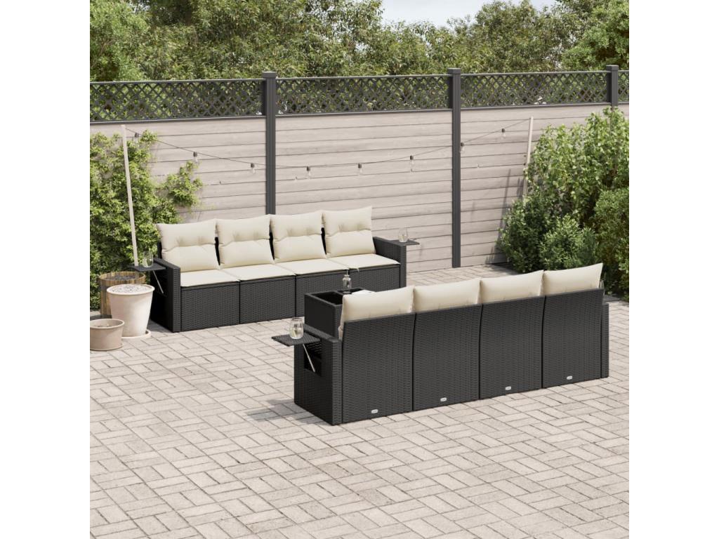 9-piece garden furniture set with cushions, black woven resin LNXI50074
