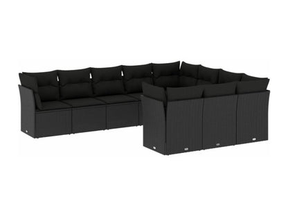 10-piece garden furniture set with cushions, black woven resin