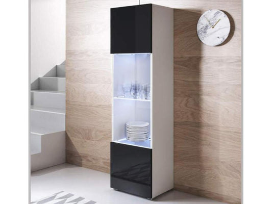 Display cabinet for living room/dining room in white and black with LED lighting, 40x29x167cm, Meublori V6