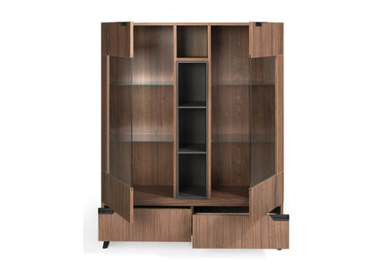 2-door display cabinet with 4 niches and 2 drawers, brown and anthracite wood finish, with black steel legs, Meublori, 120cm