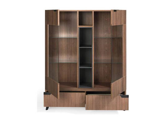 2-door display cabinet with 4 niches and 2 drawers, brown and anthracite wood finish, with black steel legs, Meublori, 120cm