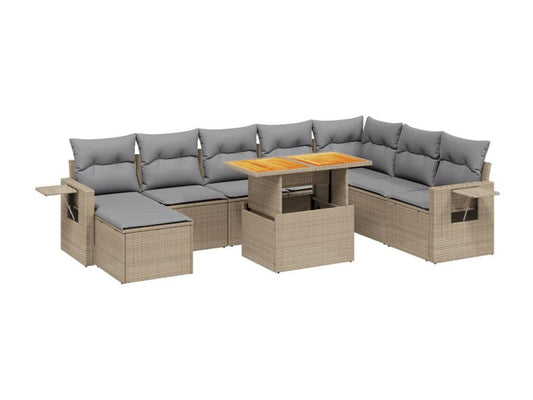 9-piece garden furniture set with cushions, beige woven resin