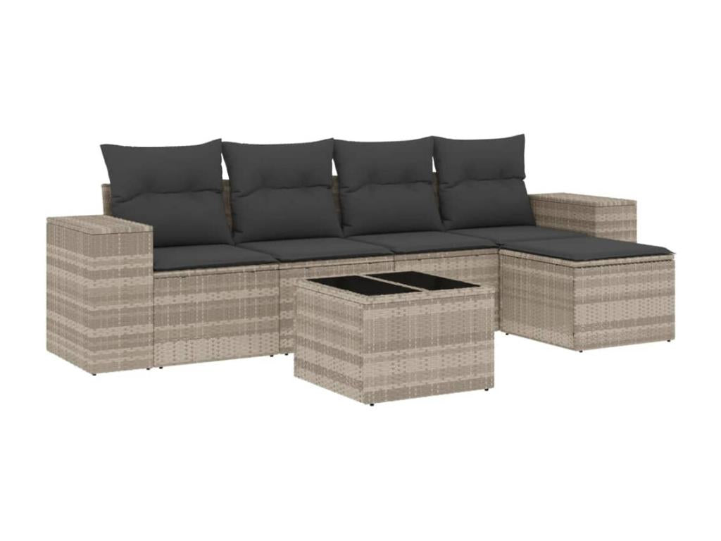6-piece garden furniture set with light grey cushions, woven resin FNDY76154