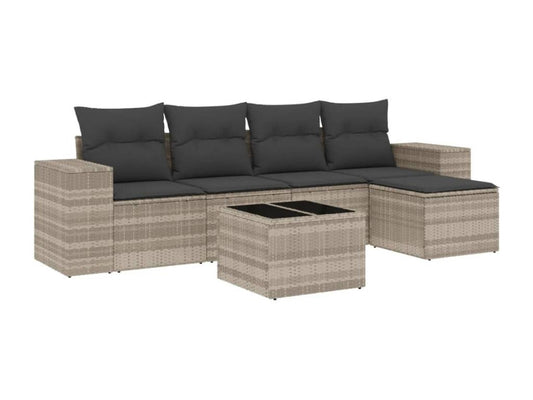 6-piece garden furniture set with light grey cushions, woven resin FNDY76154