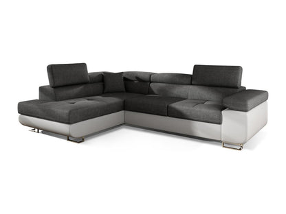 Left-hand corner sofa bed, dark grey fabric and white faux leather, Meublori 275cm