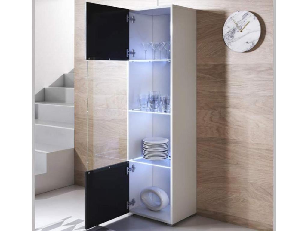 Display cabinet for living room/dining room in white and black with LED lighting, 40x29x167cm, Meublori V6