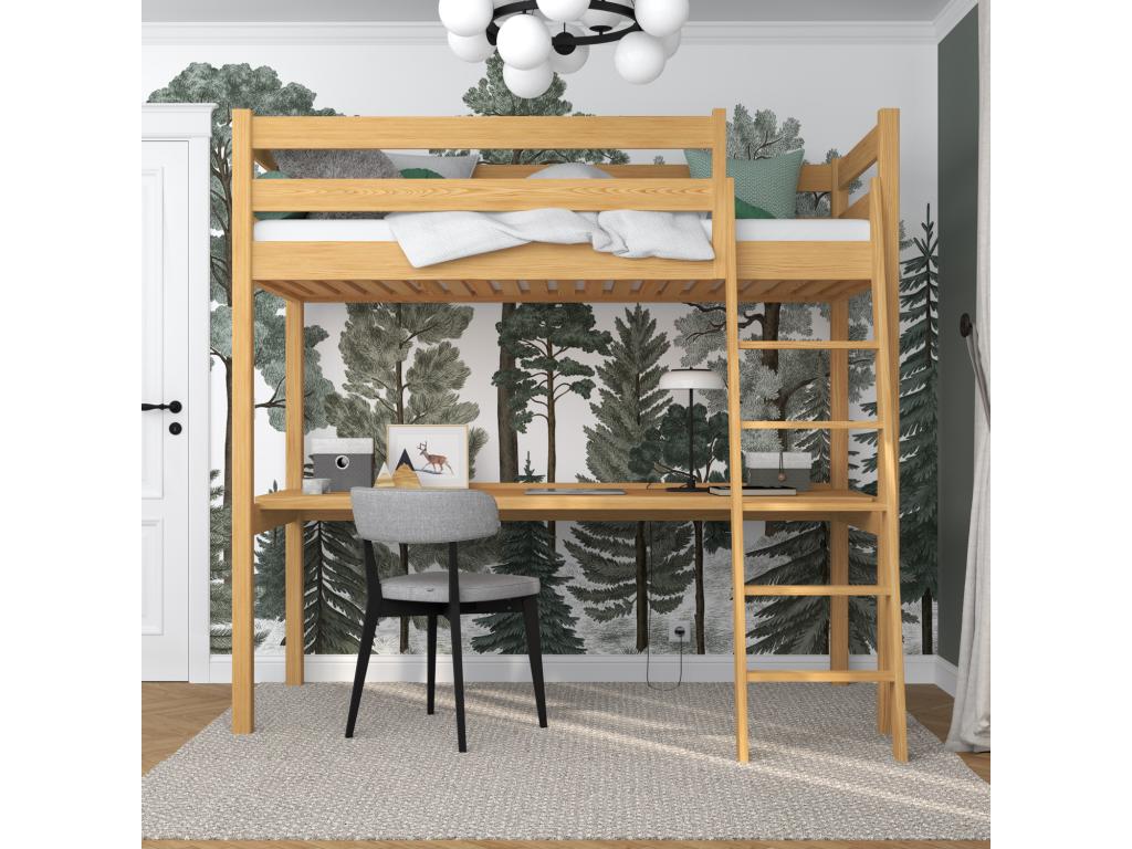 Wooden loft bed - with desk N03 Natural Pine 100x190