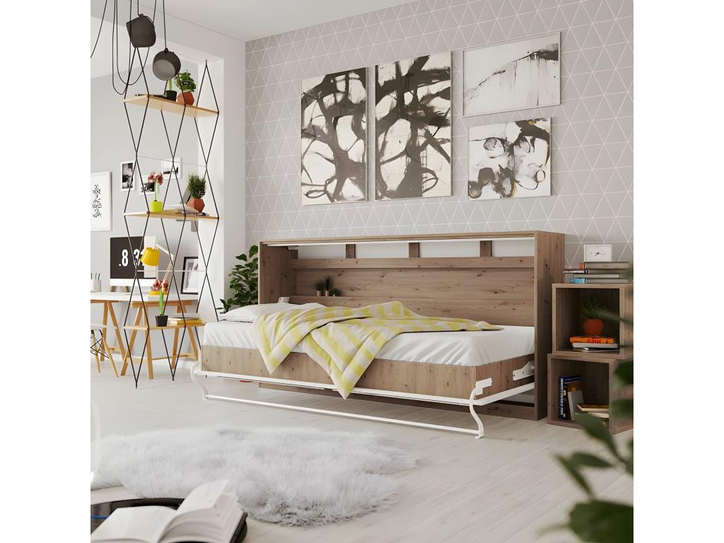 Wall Bed 90x200cm Horizontal Furniture Folding Bed Wall Bed Wild Oak/Glossy White