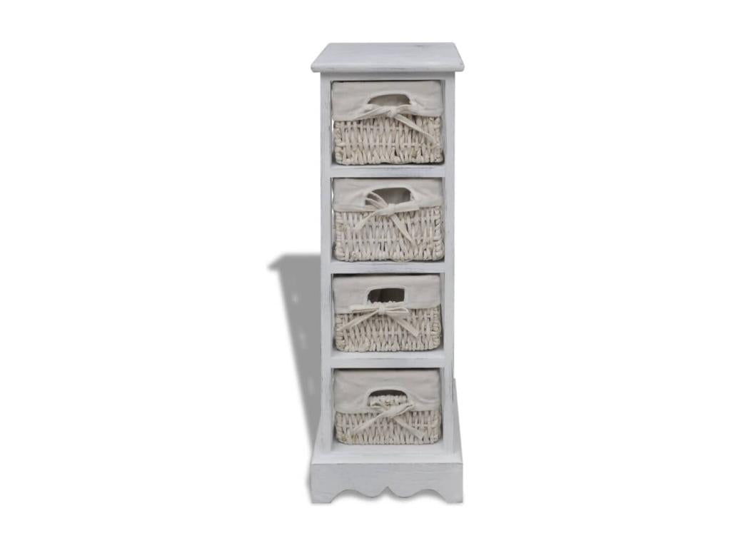 Wooden storage shelf with 4 woven baskets, white