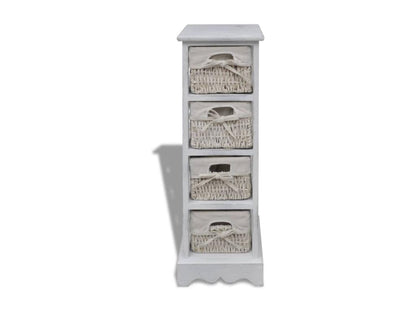Wooden storage shelf with 4 woven baskets, white