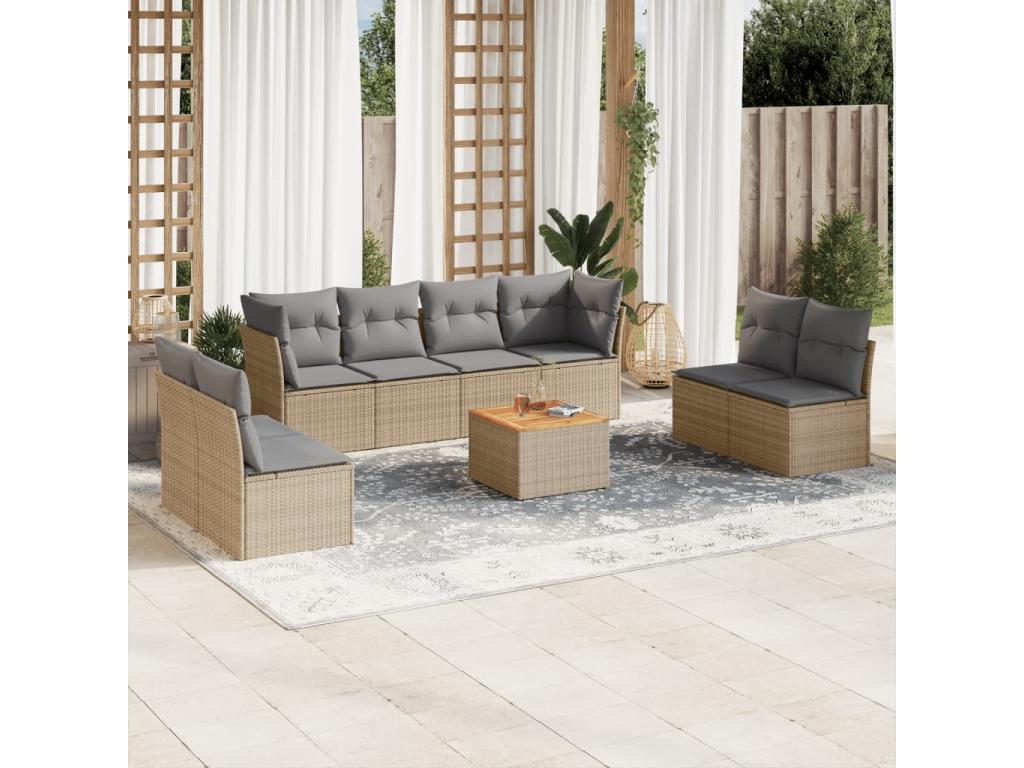 Garden furniture set with cushions, 9 pieces, beige woven resin.