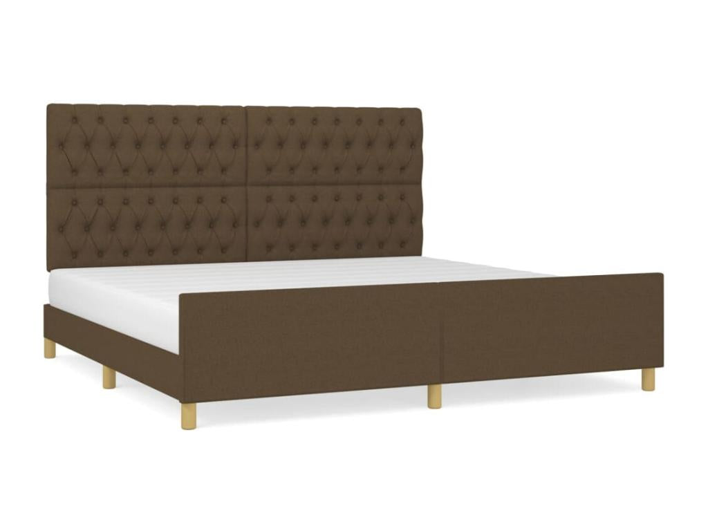 Bed frame without mattress, with dark brown fabric headboard